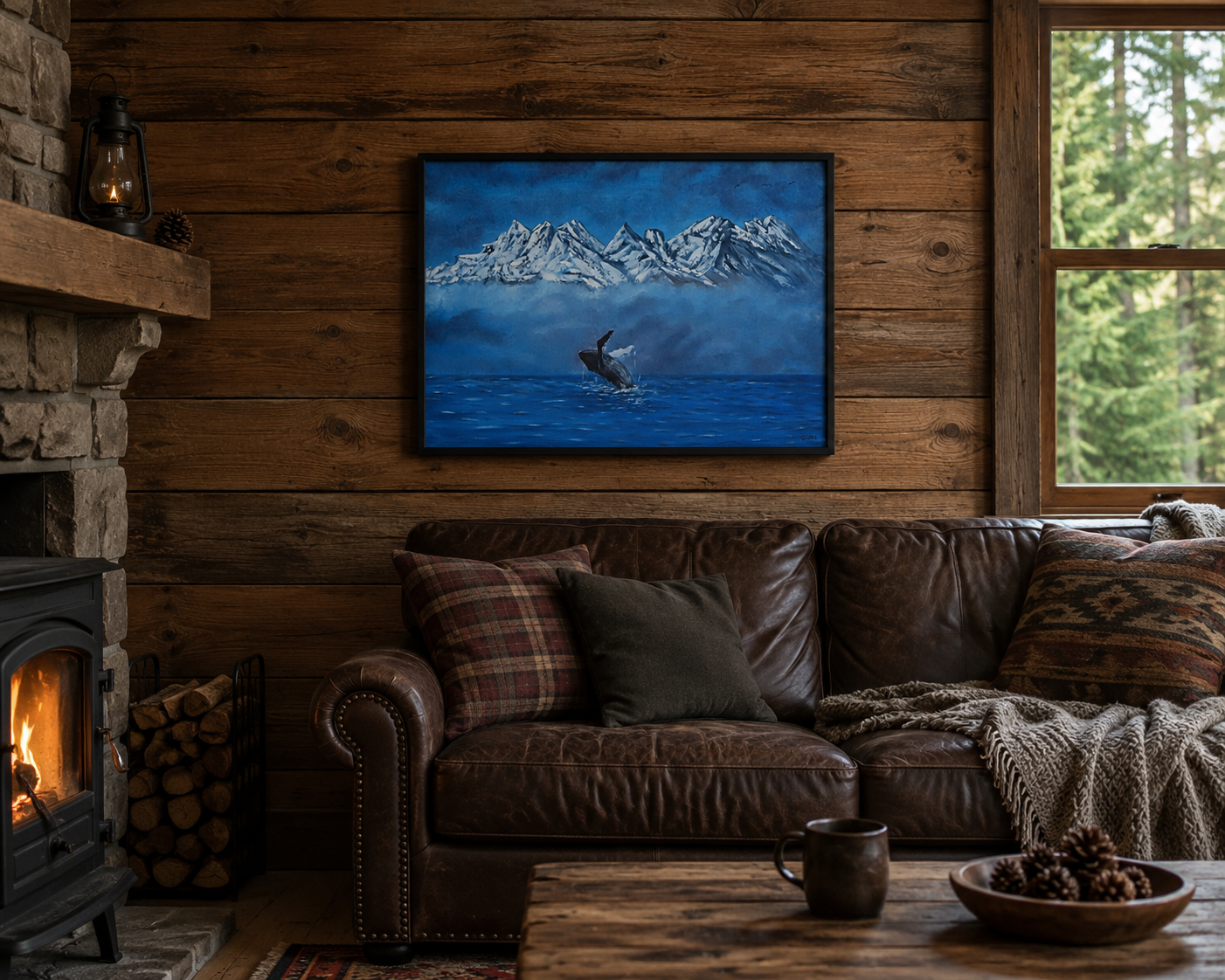 Original oil painting of Humpback whale breaches in front of misty mountains, framed, cabin