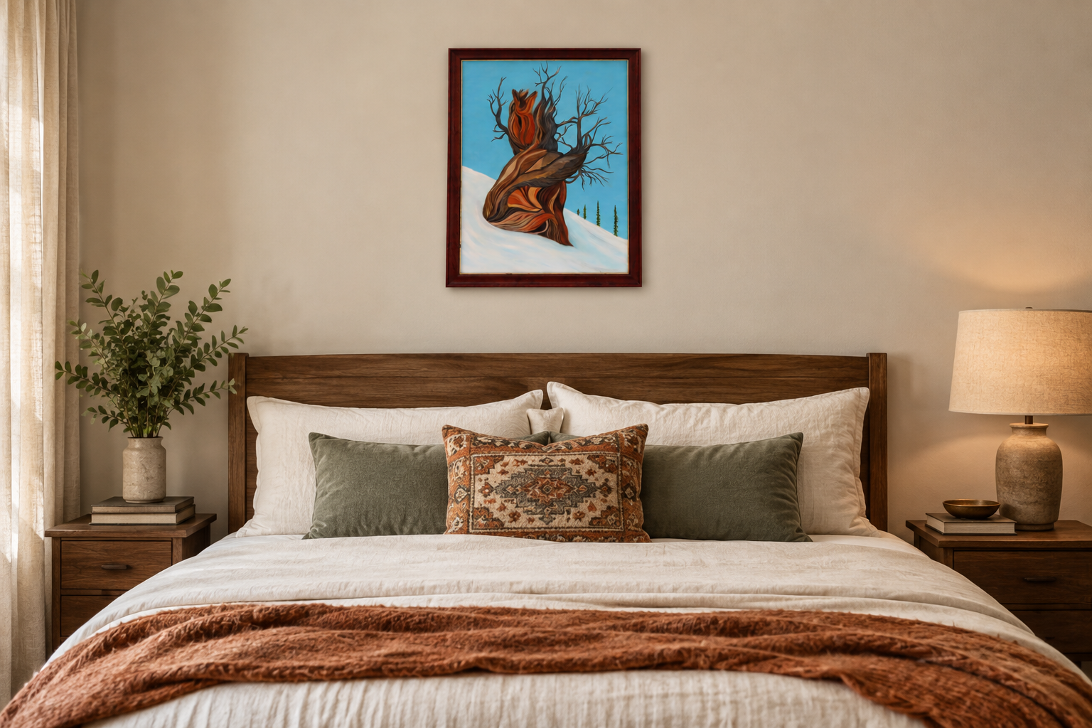 18x24" original oil painting of an ancient bristlecone pine tree on snowy mountainside, framed