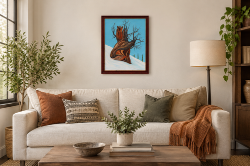 18x24" original oil painting of an ancient bristlecone pine tree on snowy mountainside, framed, shown over sofa
