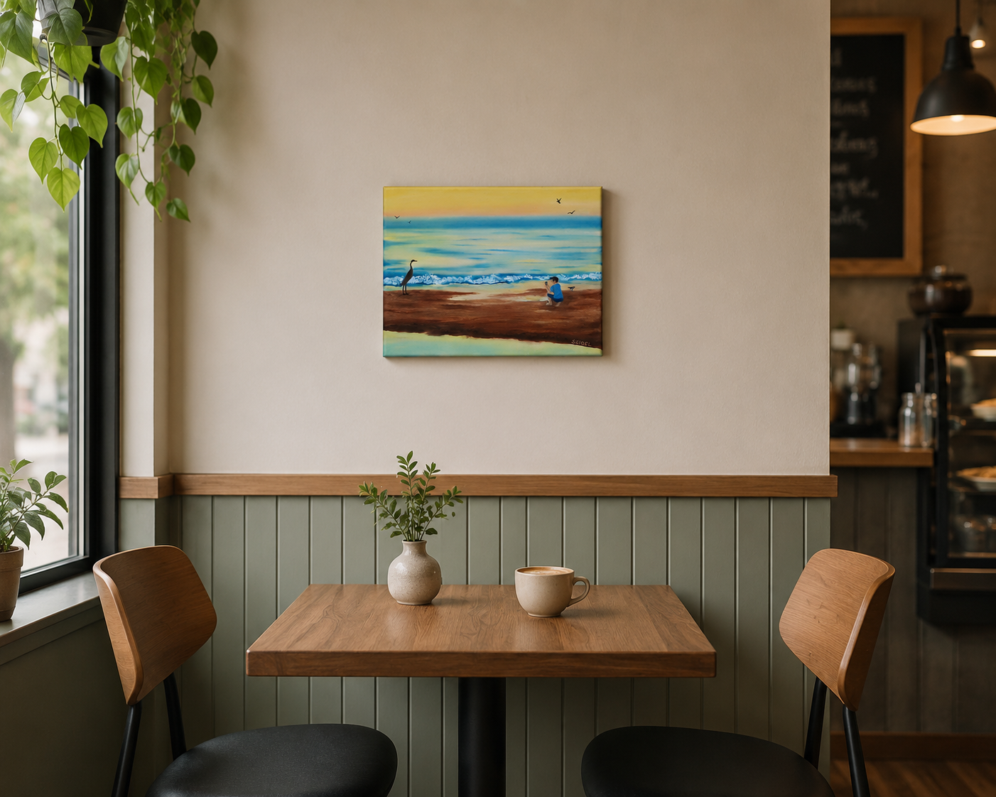 9x12 original oil painting, crane by the seashore pastel sky and reflections on the ocean, displayed over cafe table