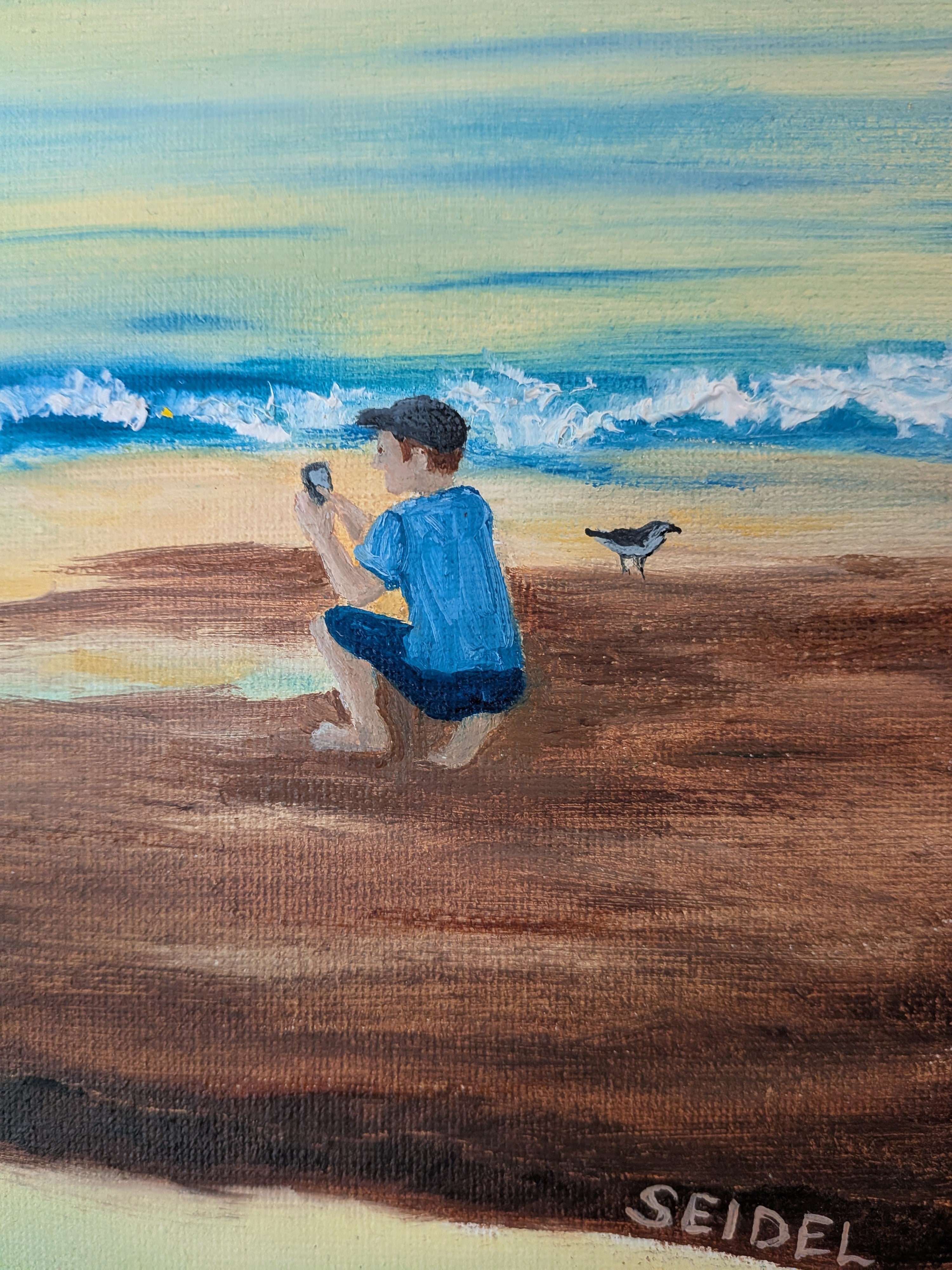 9x12 original oil painting, crane by the seashore pastel sky and reflections on the ocean, unframed, showing closeup of photographer