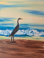 9x12 original oil painting, crane by the seashore pastel sky and reflections on the ocean, unframed, showing closeup of egret