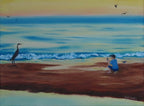 9x12 original oil painting, crane by the seashore pastel sky and reflections on the ocean