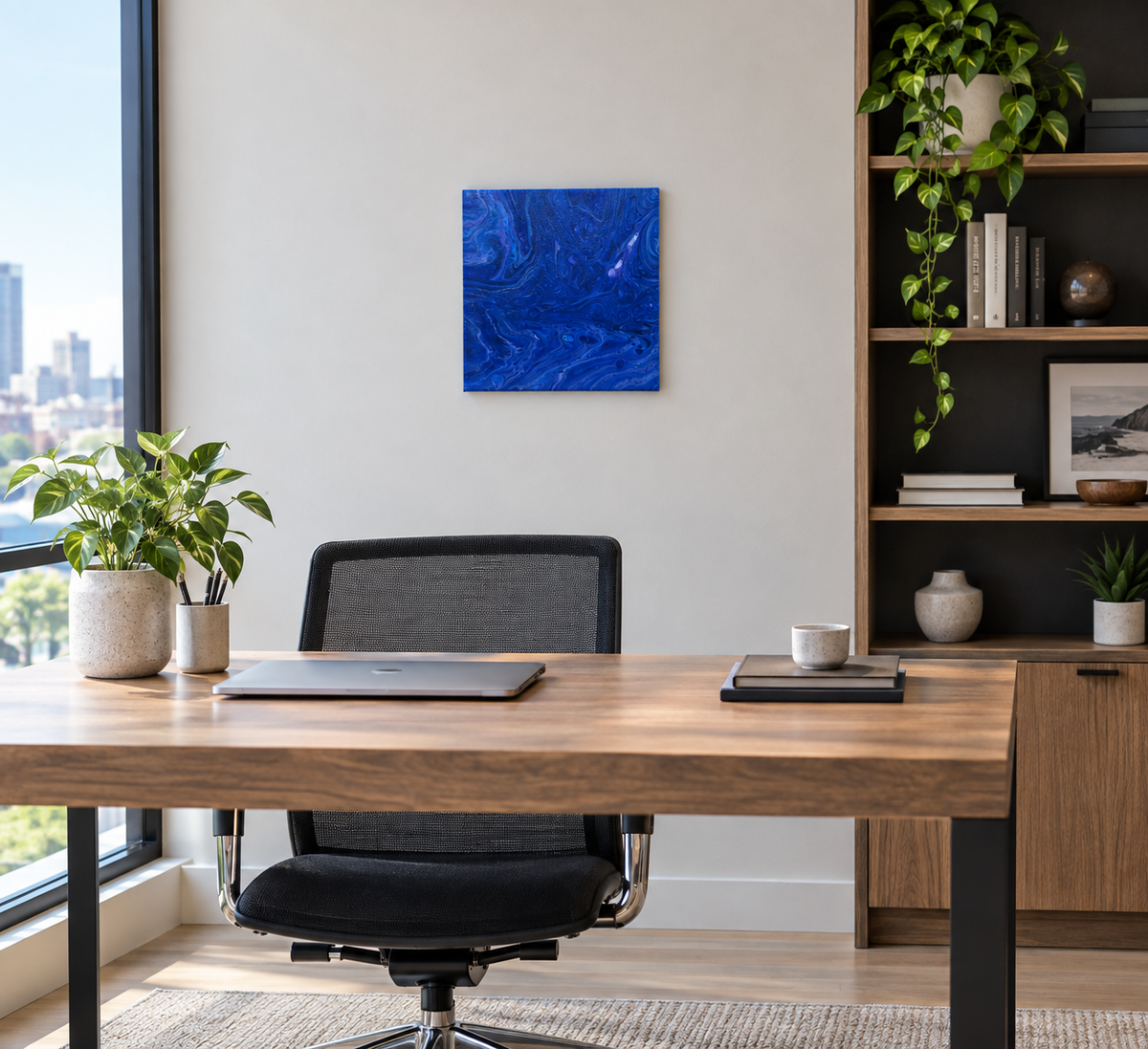 abstract acrylic liquid art on 12x12" canvas, rich blues, purples and white accents. Can be displayed in any direction, shown here in a modern office