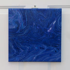 abstract acrylic liquid art on 12x12" canvas, rich blues, purples and white accents. Can be displayed in any direction