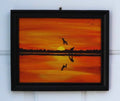 8x10" original acrylic painting dog and man playing catch at sunset by the lake