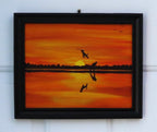 8x10" original acrylic painting dog and man playing catch at sunset by the lake