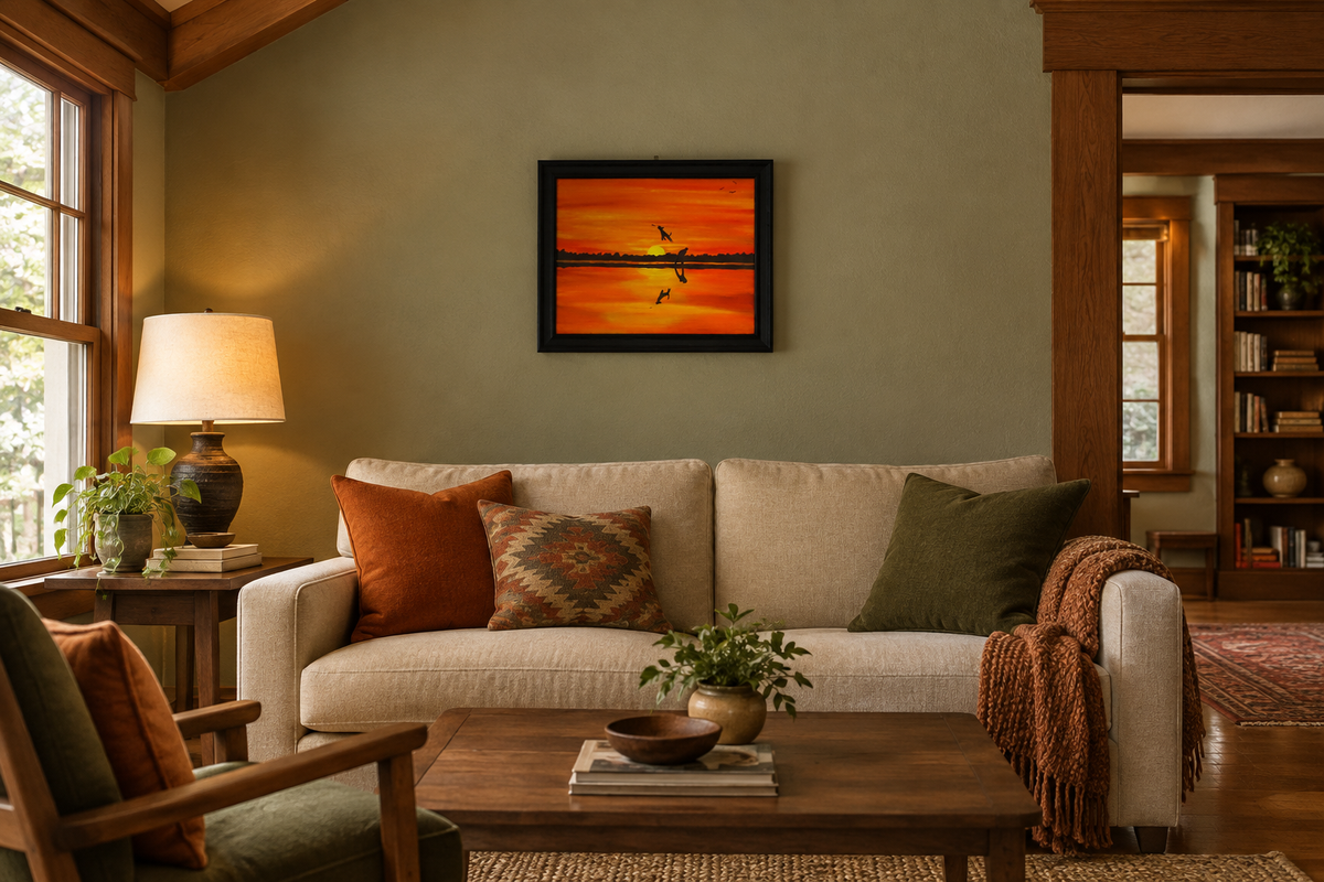 8x10" original acrylic painting dog and man playing catch at sunset by the lake, shown over a sofa in a bungalow
