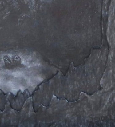 Original graphite drawing of cave diver in cenote, intricately cut matts, handmade wood frame, close-up of cut matt