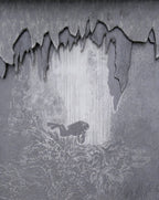 Original graphite drawing of cave diver in cenote, intricately cut matts, handmade wood frame. close-up of diver