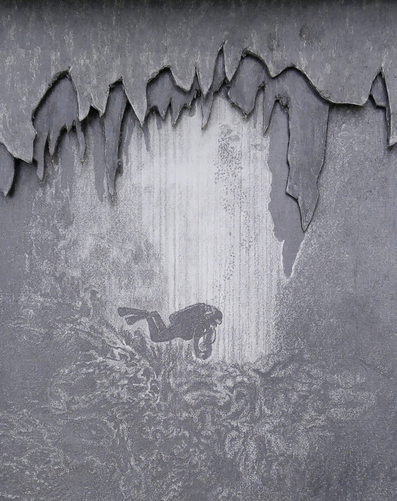 Original graphite drawing of cave diver in cenote, intricately cut matts, handmade wood frame. close-up of diver