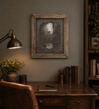Original graphite drawing of cave diver in cenote, intricately cut matts, handmade wood frame, shown over desk