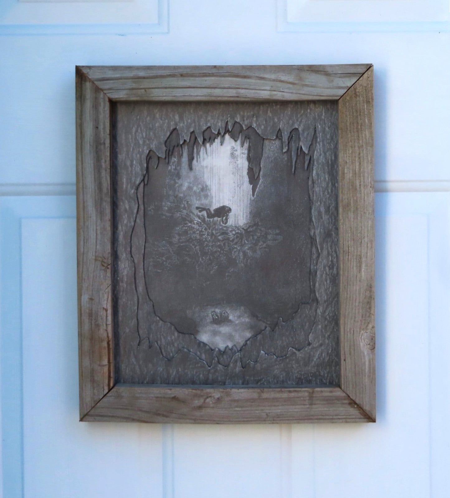 Original graphite drawing of cave diver in cenote, intricately cut matts, handmade wood frame