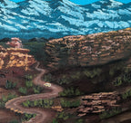 Original oil painting, mountains, road, jeep, close-up