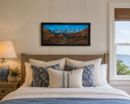 12x24" Original oil painting, mountains, road, jeep, impasto style,framed and displayed over a bed