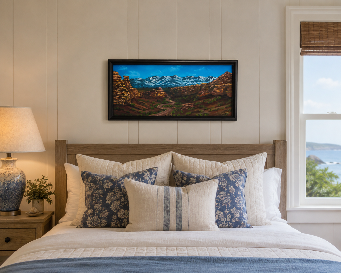 12x24" Original oil painting, mountains, road, jeep, impasto style,framed and displayed over a bed