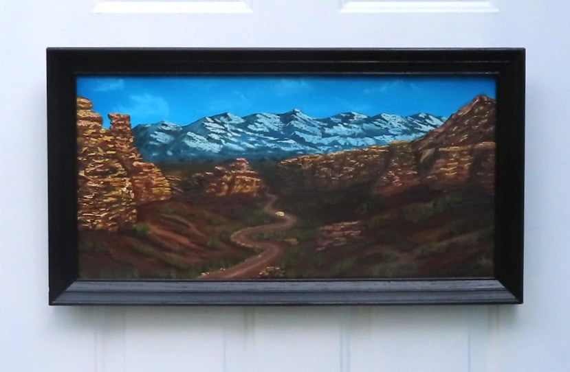 12x24" Original oil painting, mountains, jeep on road through deep canyon, impasto style, framed in heavy oak frame painted black