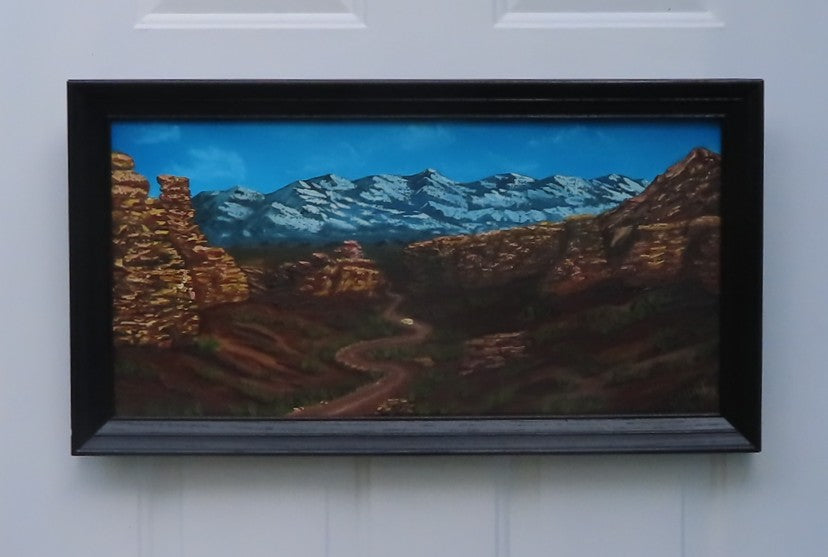 12x24" Original oil painting, mountains, road, jeep, impasto style, framed