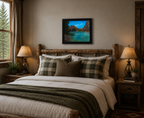 16x20, Original oil painting of colorful river surrounded by mountains, displayed over bed