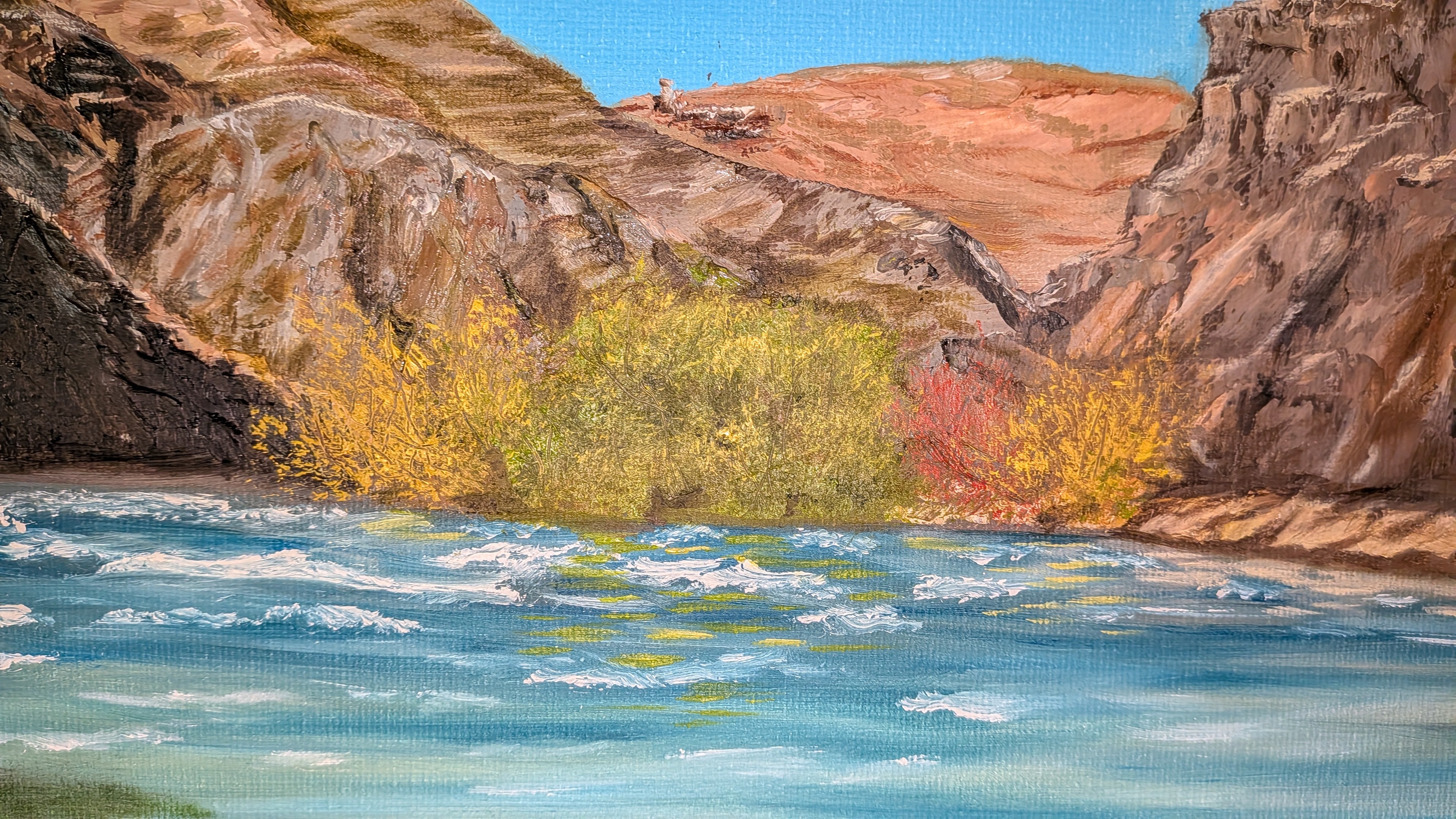 Original Oil Painting colorful river surrounded by mountains, close-up of far bank