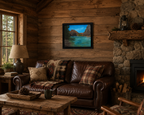 16x20, Original oil painting of colorful river surrounded by mountains, displayed in rustic cabin