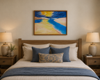 original oil painting 20x24, sunset over sand dunes and river, approaching thunderstorm, framed, over bed
