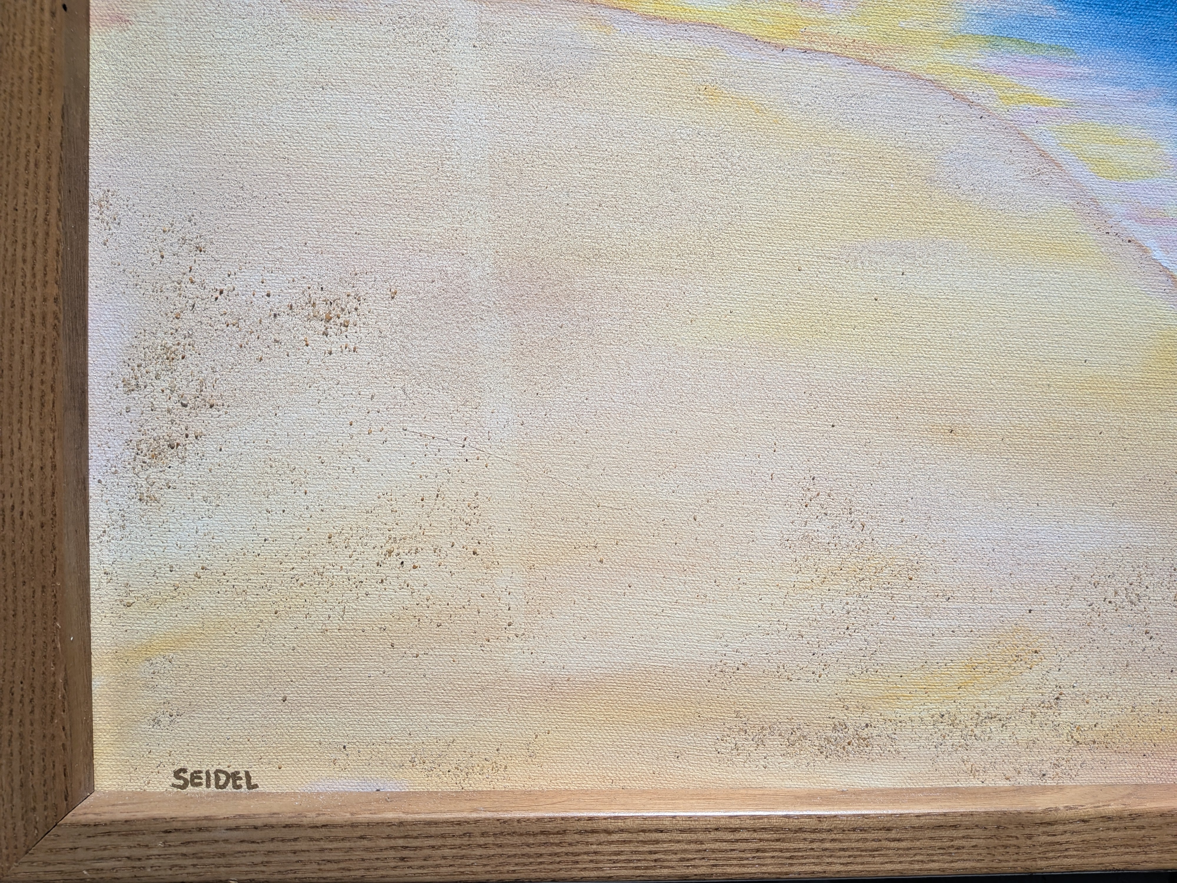 original oil painting 20x24, sunset over sand dunes and river, approaching thunderstorm, oak frame, closeup of texture