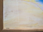 original oil painting 20x24, sunset over sand dunes and river, approaching thunderstorm, oak frame, closeup of texture
