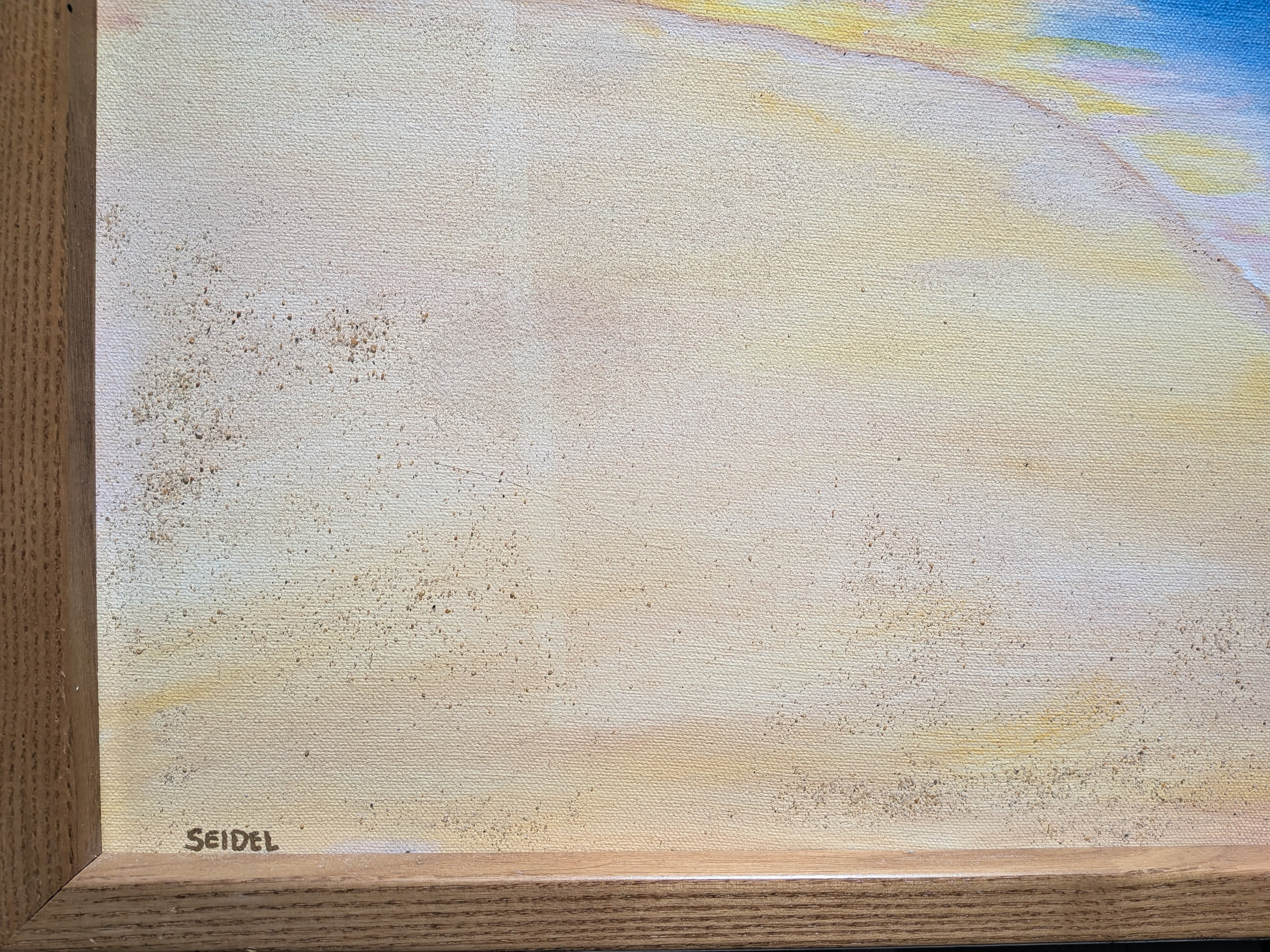 original oil painting 20x24, sunset over sand dunes and river, approaching thunderstorm, oak frame, closeup of texture