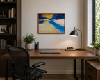 original oil painting 20x24, sunset over sand dunes and river, approaching thunderstorm, framed, behind desk