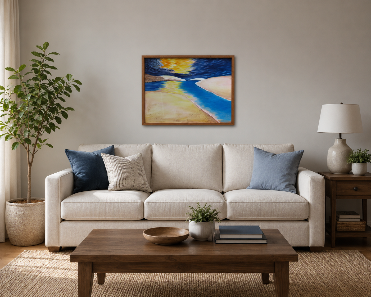 original oil painting 20x24, sunset over sand dunes and river, approaching thunderstorm, framed, over sofa
