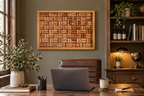 17x21" original wood framed corkboard, handmade with real wine corks, many from local Missouri wines. Blond wood, with a solid wood backboard. Sells with ideally sized pushpins. Shown here in an office next to a sidebar 