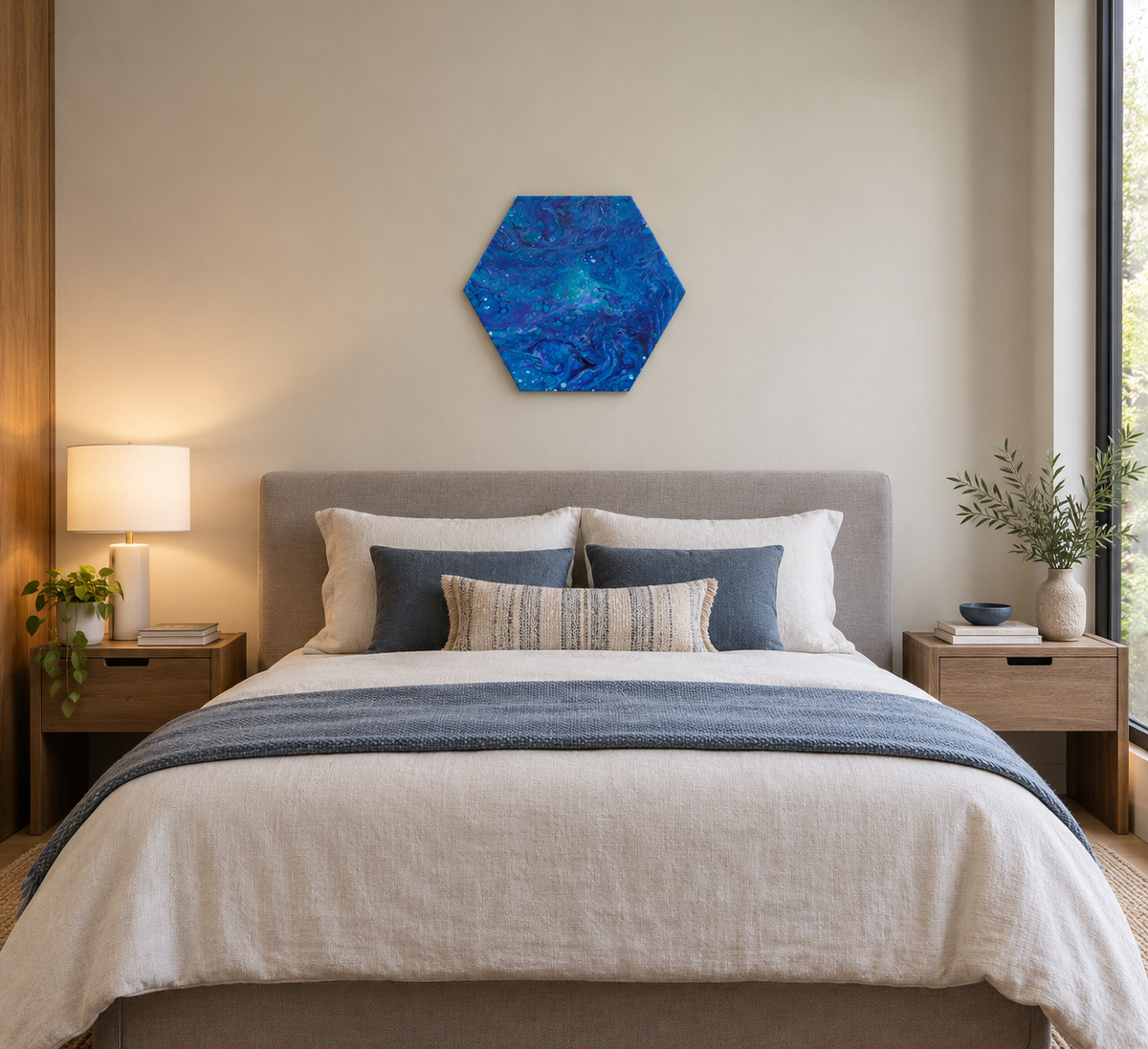 original acrylic abstract liquid art, blues, purples, white on 14 inch hexagonal canvas. can be displayed in multiple directions