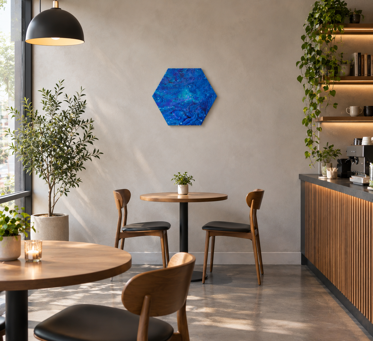 original acrylic abstract liquid art, blues, purples, white on 14 inch hexagonal canvas. can be displayed in multiple directions, shown in a cafe.