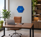 original acrylic abstract liquid art, blues, purples, white on 14 inch hexagonal canvas. can be displayed in multiple directions, shown in a modern office.
