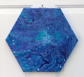 original acrylic abstract liquid art, blues, purples, white on 14 inch hexagonal canvas. can be displayed in multiple directions