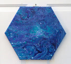 original acrylic abstract liquid art, blues, purples, white on 14 inch hexagonal canvas. can be displayed in multiple directions