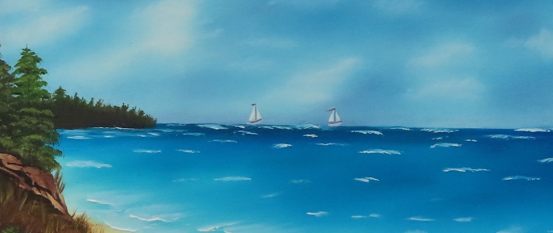 16x20 original oil painting of horseback riders in the ocean, close-up of sailboats