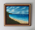 16x20" original oil painting of the beautiful ocean, sandy beach and sailboats in the distance, hand-made two layer frame