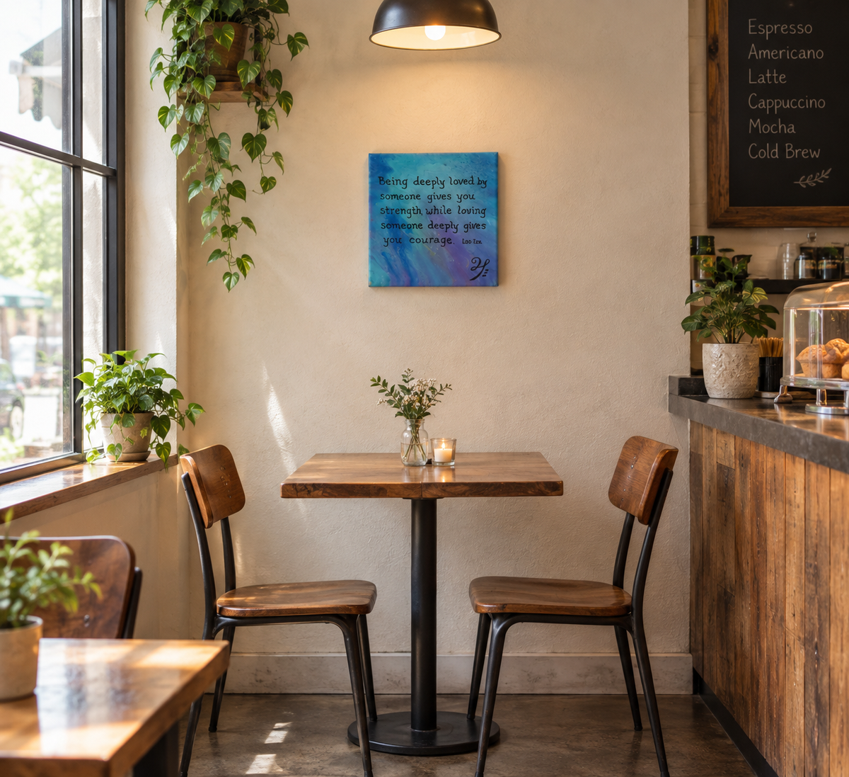 8x8" abstract painting on canvas with liquid acrylics, blues and purples with gold accent and inspirational quote, shown in a cafe