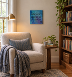 8x8" abstract painting on canvas with liquid acrylics, blues and purples with gold accent and inspirational quote, shown in a reading nook