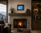 9x12" Original oil painting, snowing, frozen lake, snow drifts, cabin, framed, displayed over a fireplace