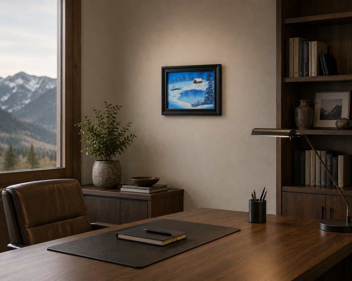 9x12" Original oil painting, snowing, frozen lake, snow drifts, cabin, displayed in an office with a mountain view