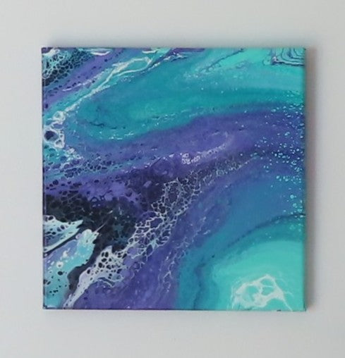 abstract liquid acrylic paint on 12x12" canvas, blues, greens and purples mix and flow in endless movement, can display in various directions.