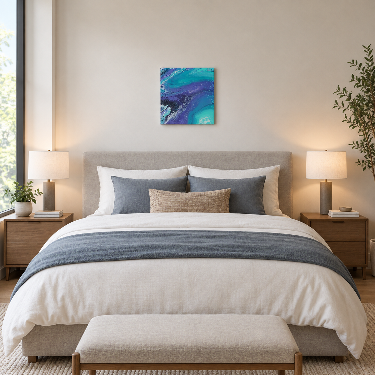 abstract liquid acrylic paint on 12x12" canvas, blues, greens and purples mix and flow in endless movement, can display in various directions, shown here over a bed