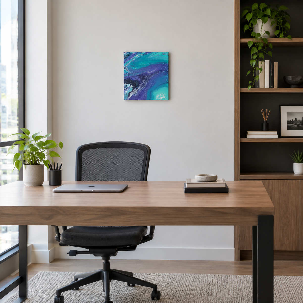abstract liquid acrylic paint on 12x12" canvas, blues, greens and purples mix and flow in endless movement, can display in various directions, shown here behind an office desk.