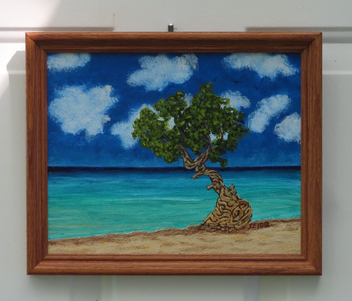 8x10" original acrylic painting of DiviDivi tree on beach in Aruba by a beautiful ocean, framed in oak
