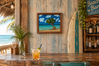 8x10" original acrylic painting of DiviDivi tree on beach in Aruba by a beautiful ocean, framed in oak, shown in a beach bar
