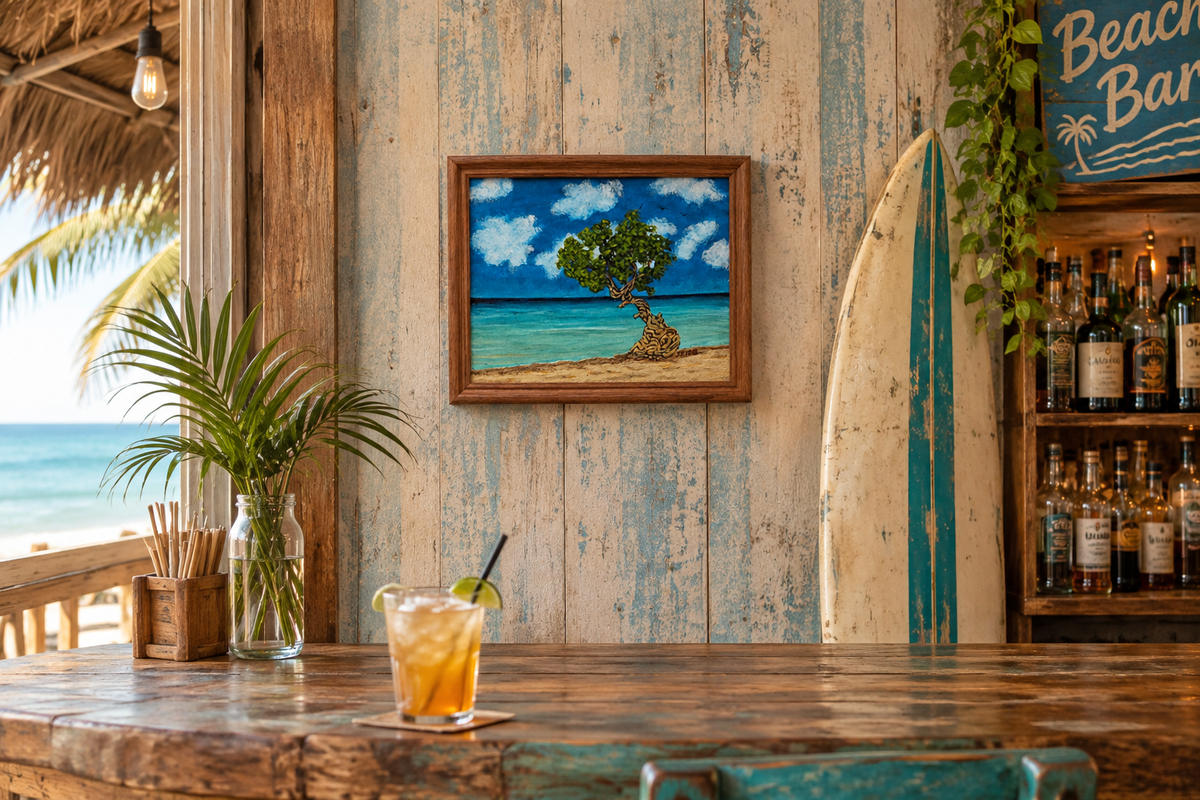 8x10" original acrylic painting of DiviDivi tree on beach in Aruba by a beautiful ocean, framed in oak, shown in a beach bar