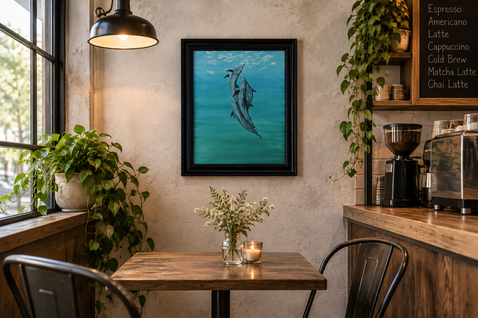 original 11x14" acrylic painting, dolphins swimming together to the surface of the ocean, shown in a cafe
